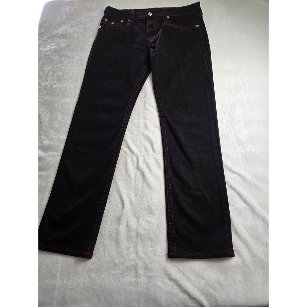 True Religion Ricky Relaxed Straight Black‎ Jeans Red Contrast Stitch Mens 36